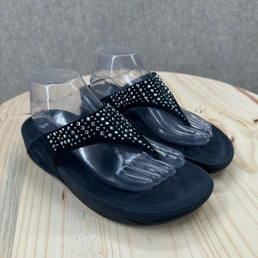 FitFlop Novy Sandals Womens 8 Black Crystal Embellished Suede Platform Flip Flop